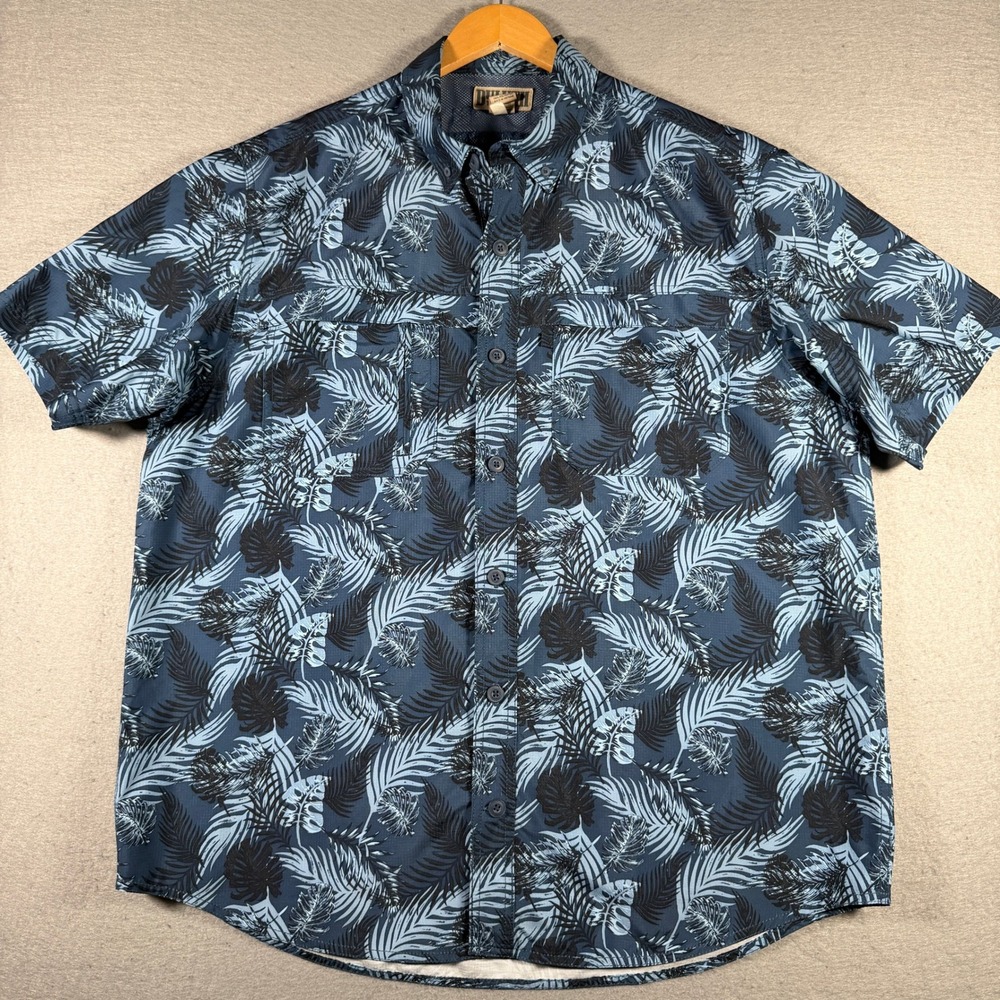 Duluth Trading Co Mens XL Blue Tropical Palm Leaf CoolPlus Button Down Shirt